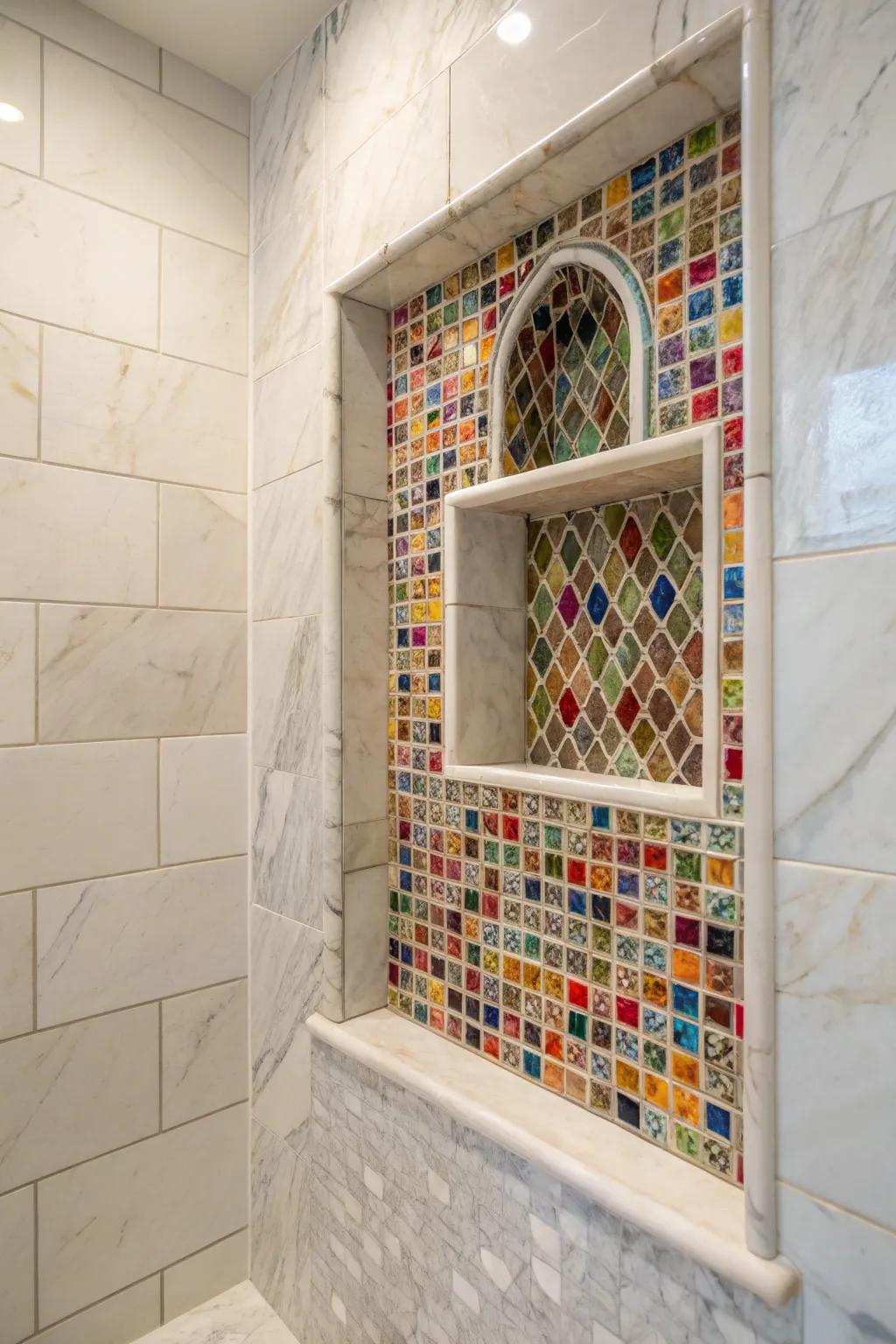 Mosaic tiles within a stone alcove create a striking centerpiece.