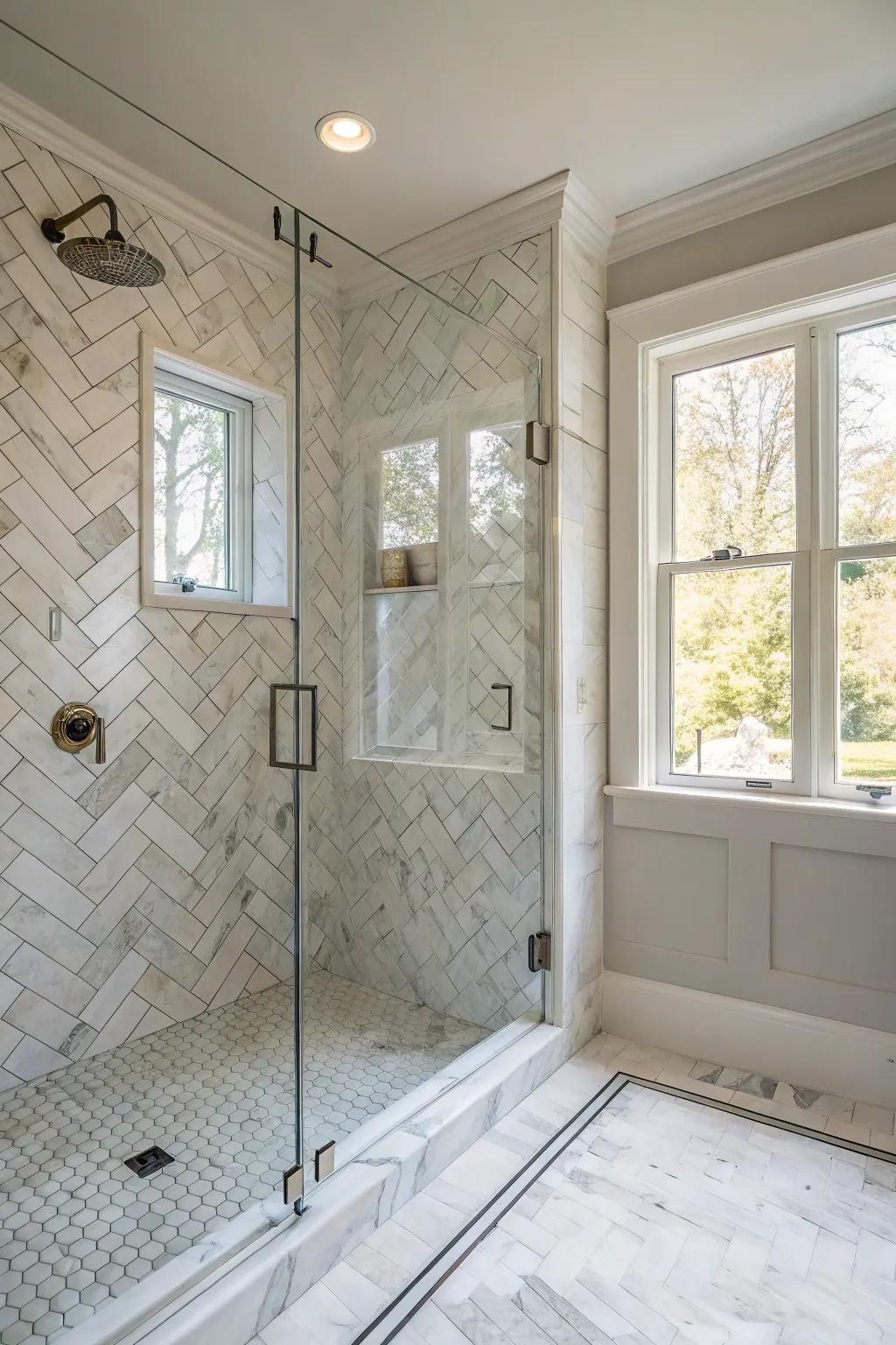 Chevron arrangements bestow spirited sophistication upon your washroom.