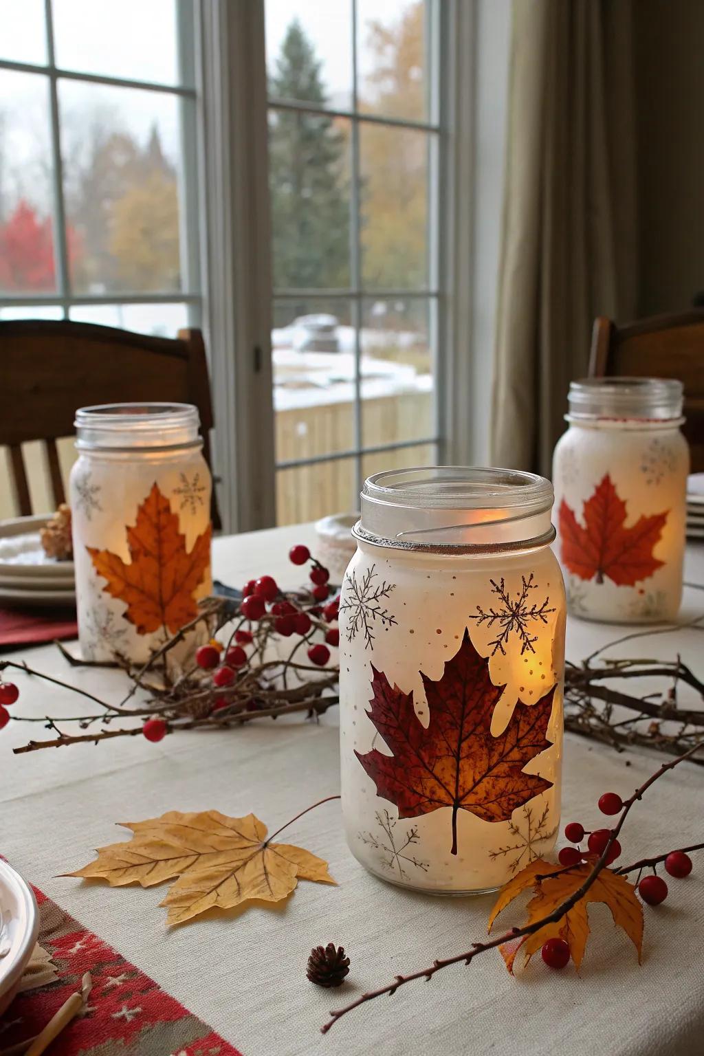 Seasonally painted glass preserving jars add color to your space.