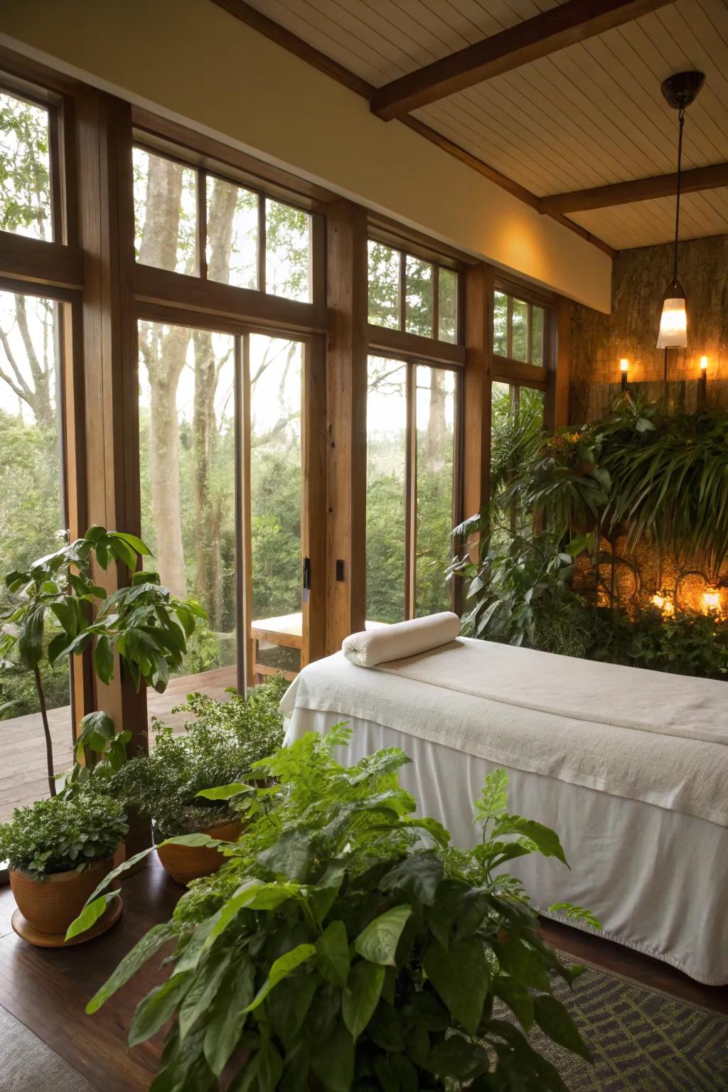 A massage room highlighting lush greenery and natural illumination.