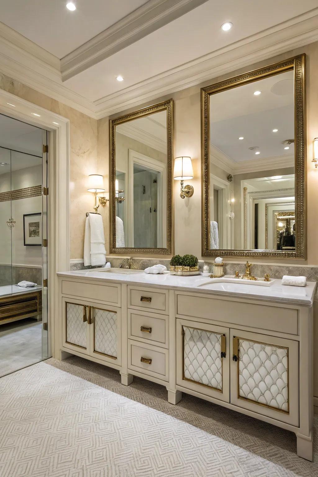 Elegant bathroom showcasing dual vanities and chic mirrors.