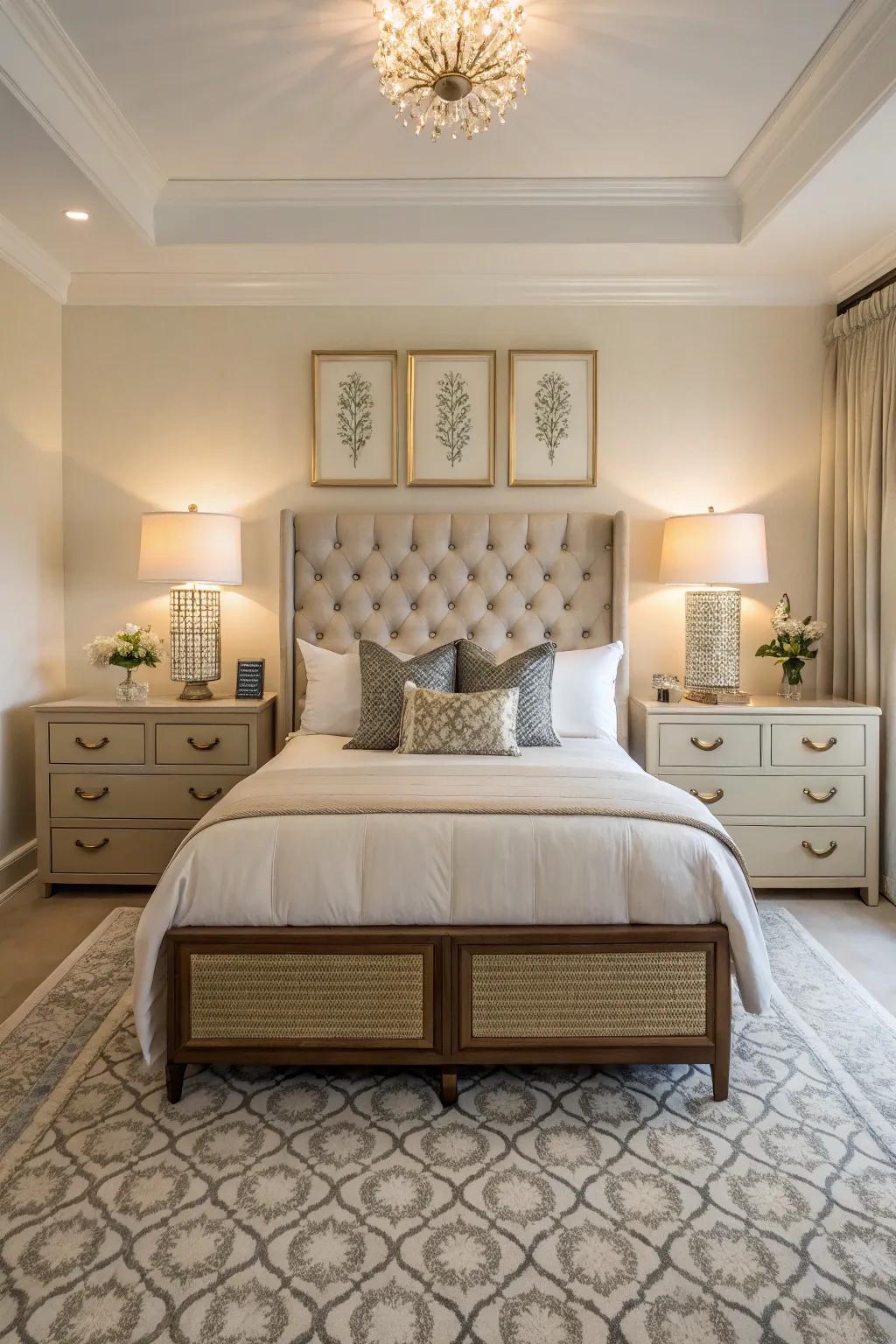 Symmetrical nightstands bring balance and utility to the bedside.