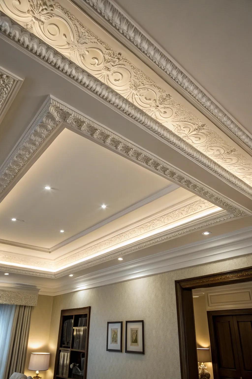 Border trim elevates the sophistication of your stepped ceiling through its refined details.