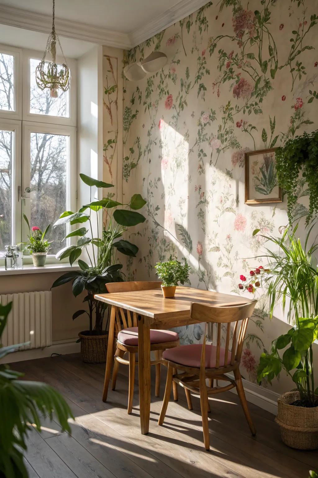 Floral wallpaper breathes life into a charming dining room.