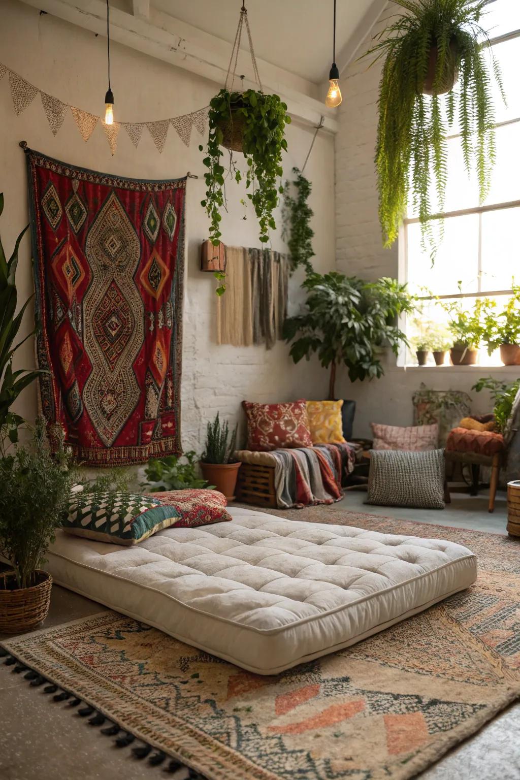 Embrace free-spirited vibes with greenery and striking fabrics.