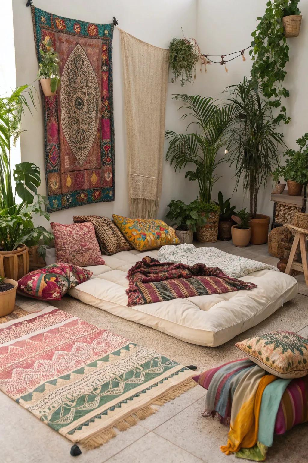 A bohemian haven with a mattress on the floor.