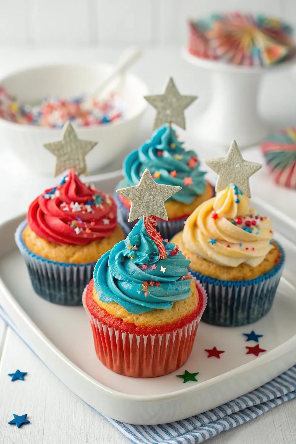 Cupcakes adorned with star motifs and patriotic colors make for a delightful treat.
