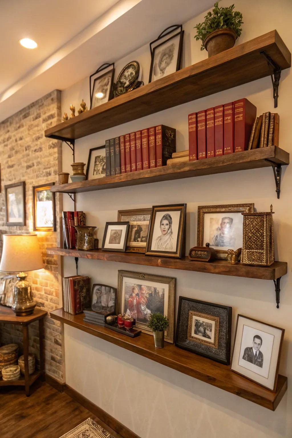 Decorative shelving filled with cherished keepsakes creating a dynamic tribute display.