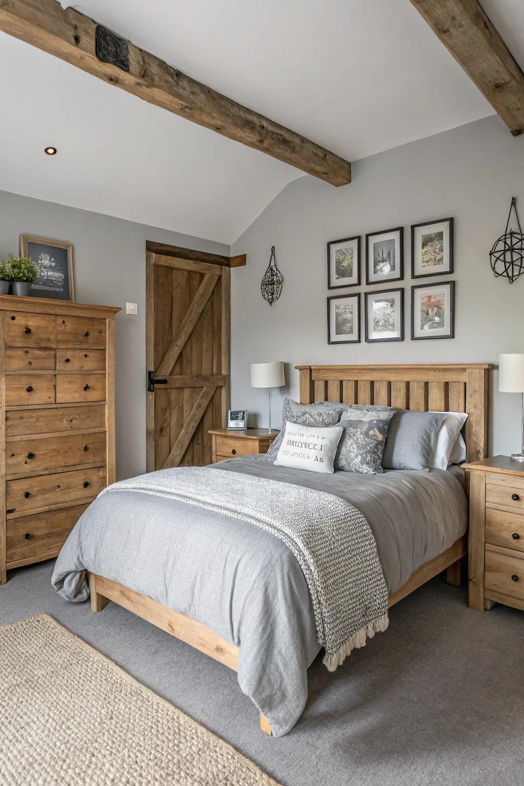 Country-style wood introduces warmth to grey tones within this captivating bedroom.