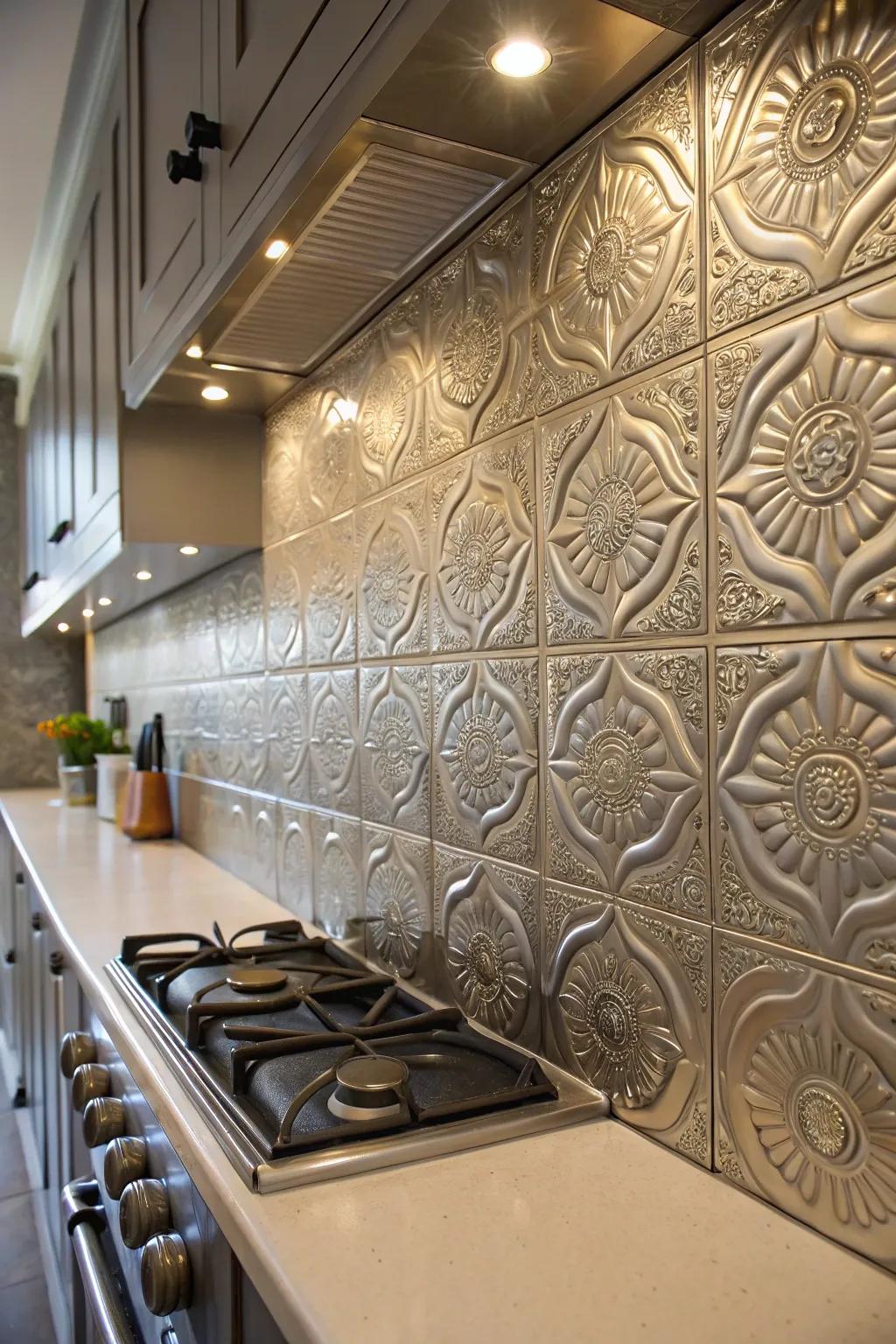 A kitchen wall adorned with artistic embossed metal tiles.