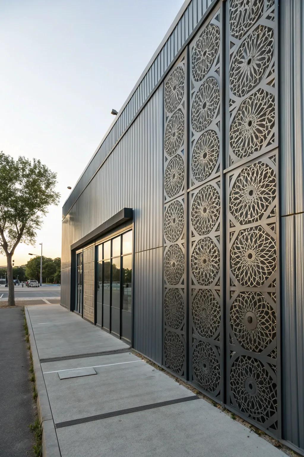 Textured designs offer visual fascination to this metal facade.