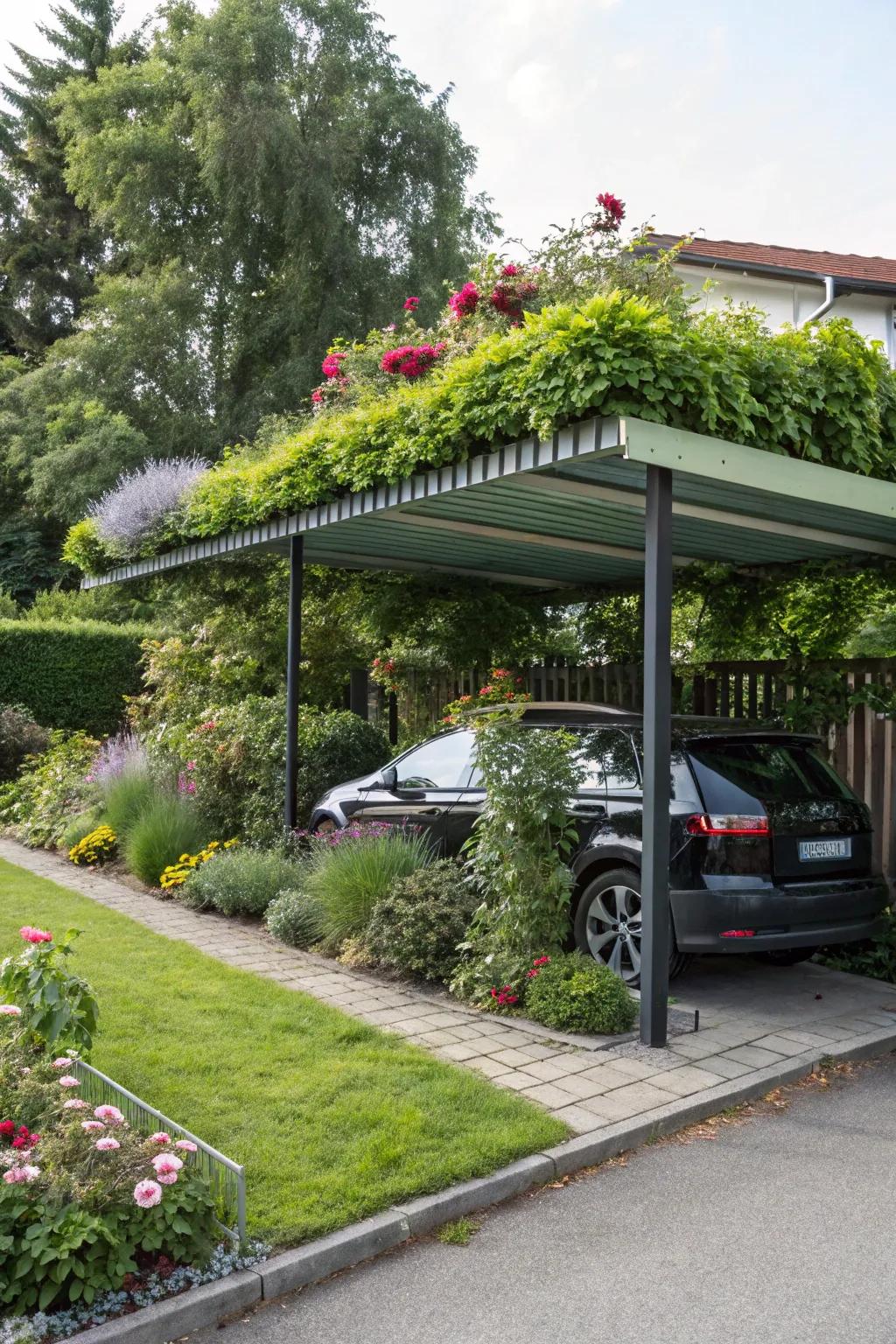 A living roof transforms a carport into an eye-catching, eco-friendly highlight.