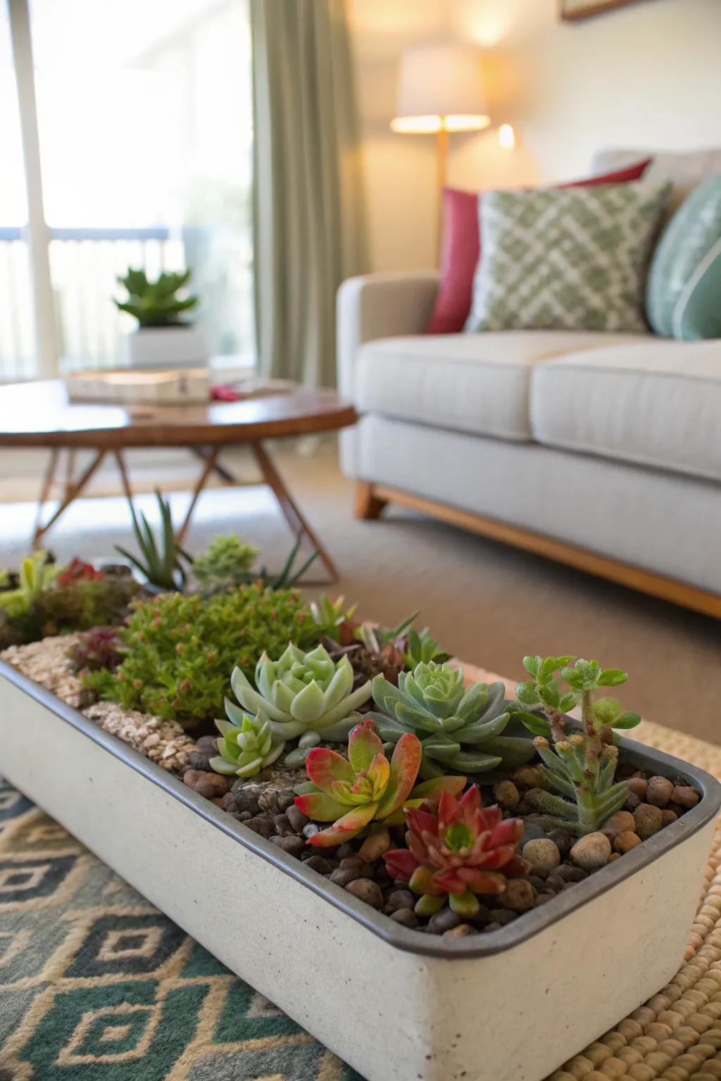 A stunning display of assorted succulents in an elegant container.