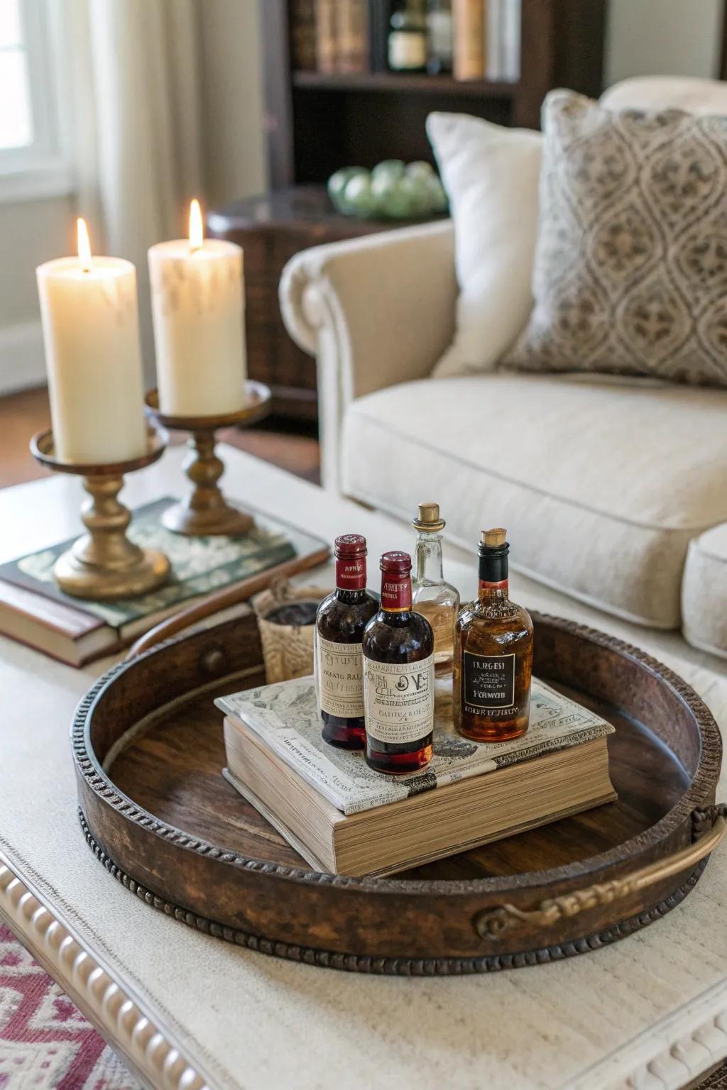 A period serving tray gracefully displaying miniature liquor bottles atop a coffee table.