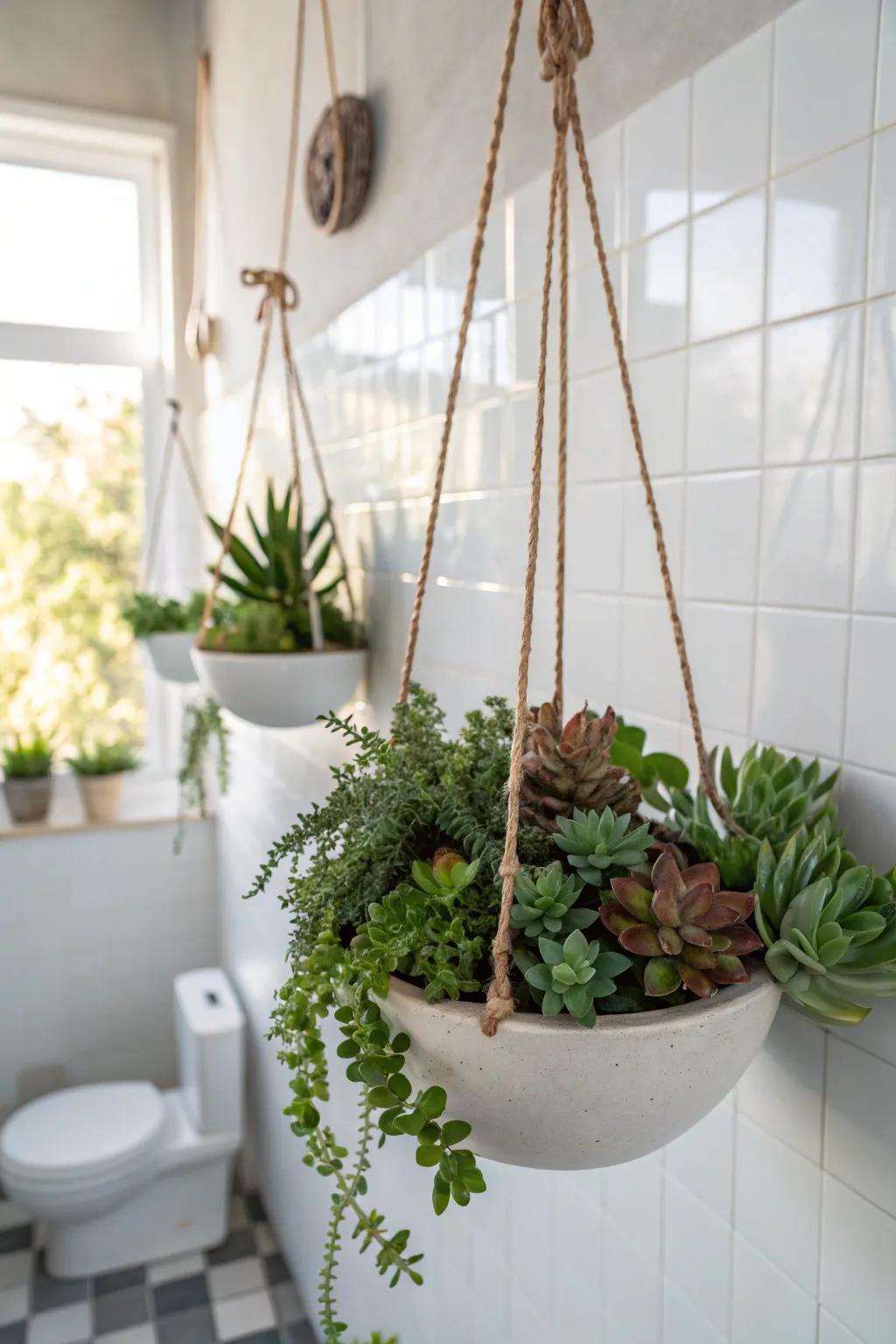 Suspended baskets showcase succulents at eye-catching heights.