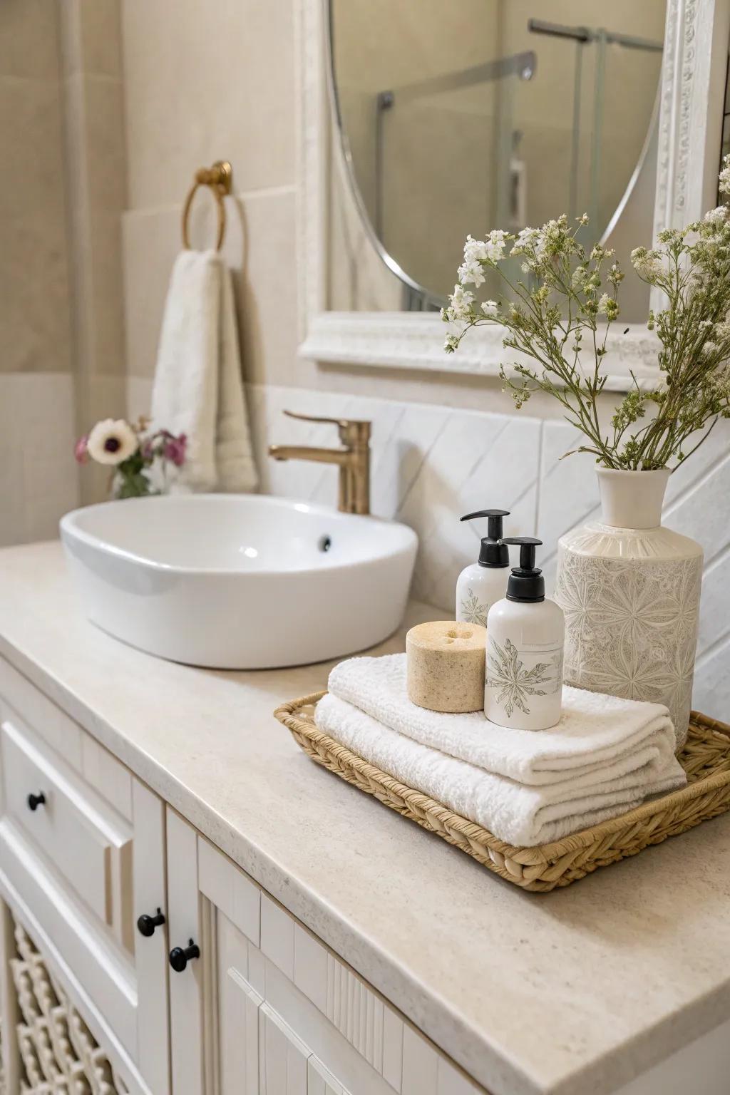 Subdued hues establish a soothing and balanced bathroom atmosphere.