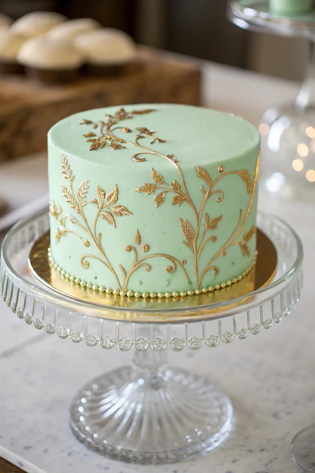 A mint green cake featuring lavish gold ornamentation.