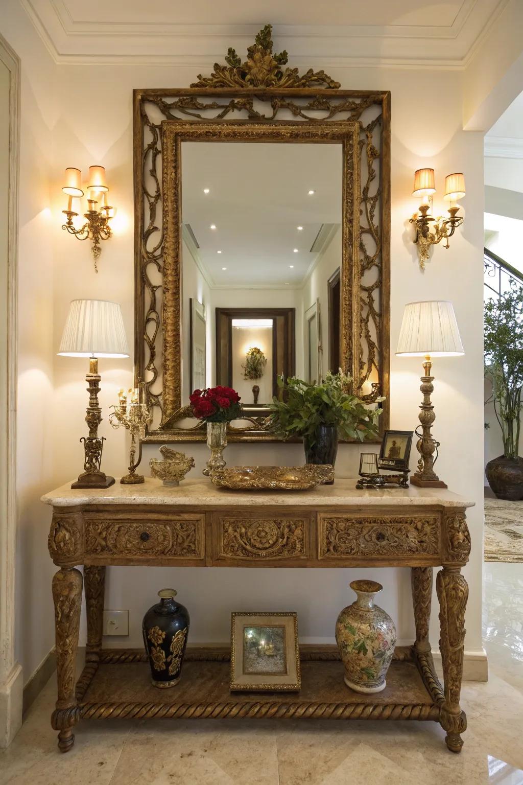 A mirror strategically positioned in the entranceway imparts sophistication and reflects a cordial reception.