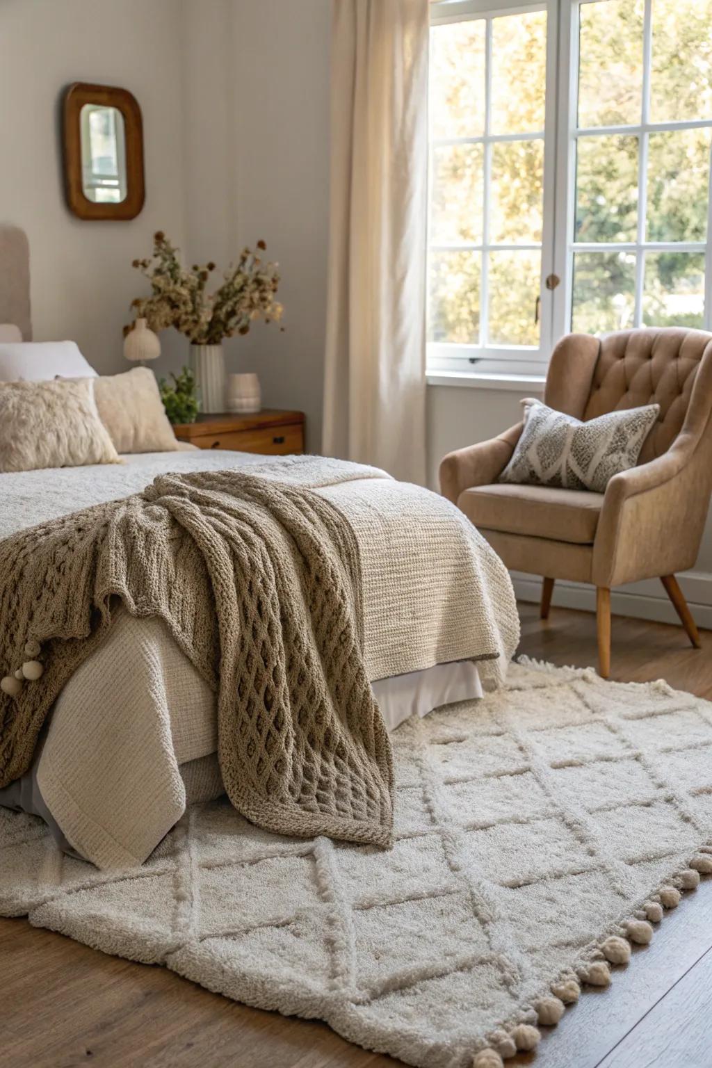Layering textures introduces depth and warmth to your bedroom.