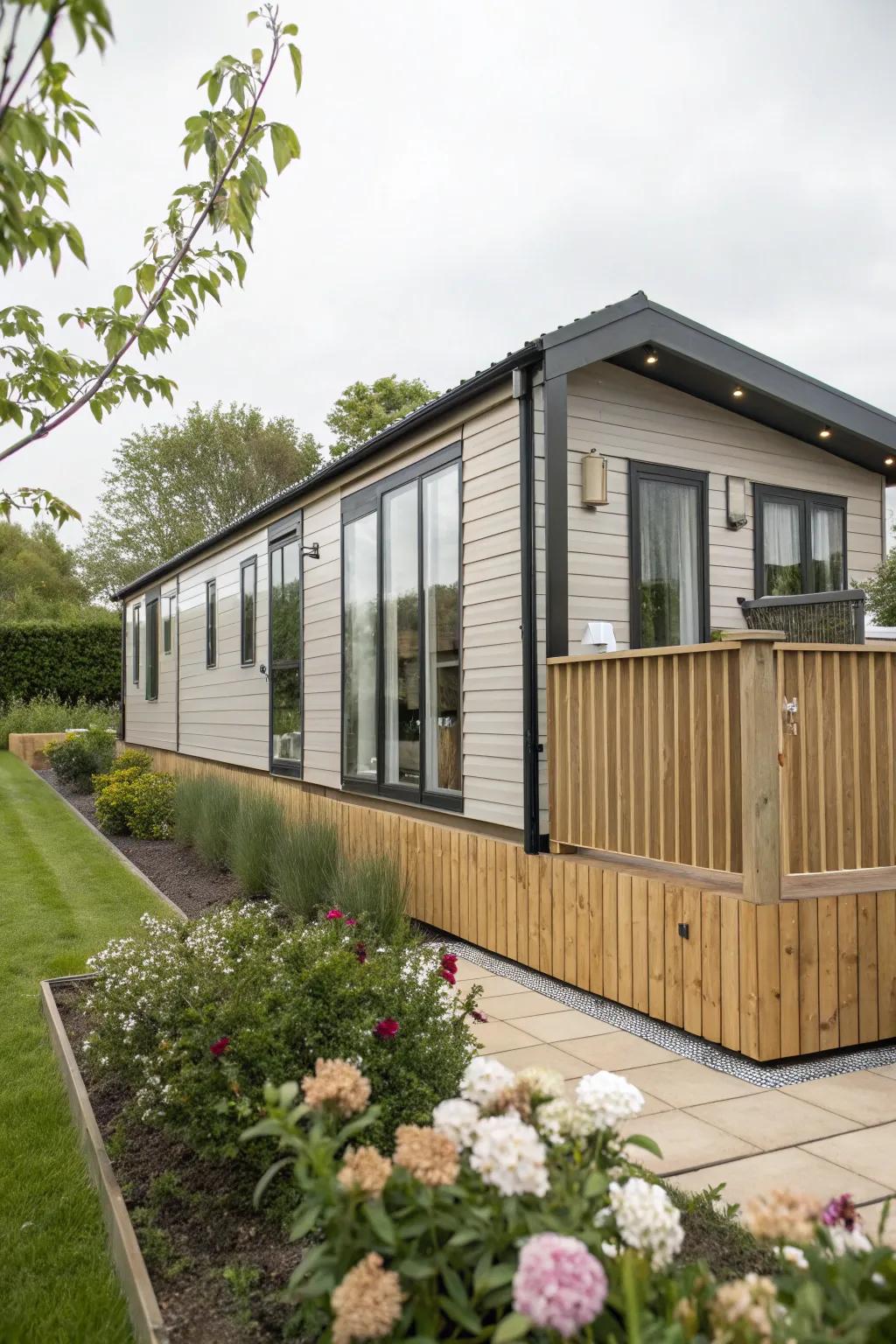 Vertical board and batten skirting lends an air of sophistication and added height to your mobile home.