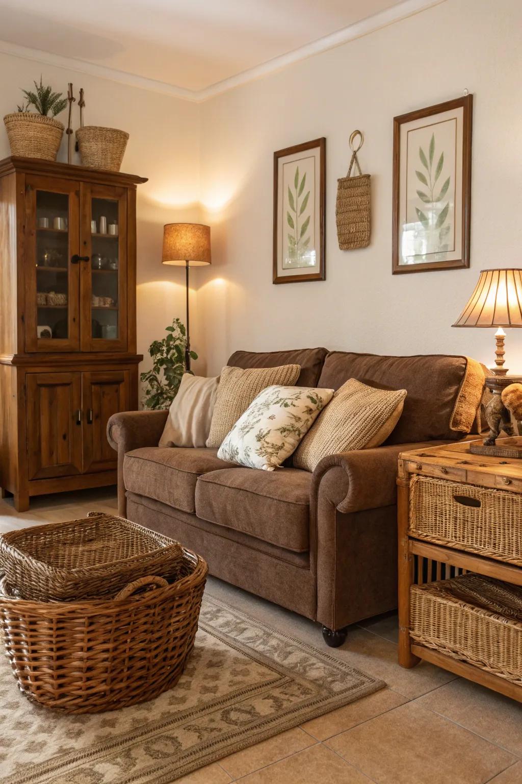 Organic materials such as wood and wicker provide depth to the cacao sofa setting.