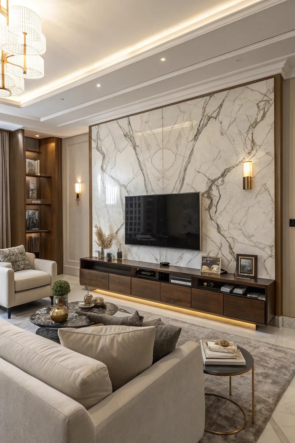 Marble panels bring a luxurious feel to the TV wall.