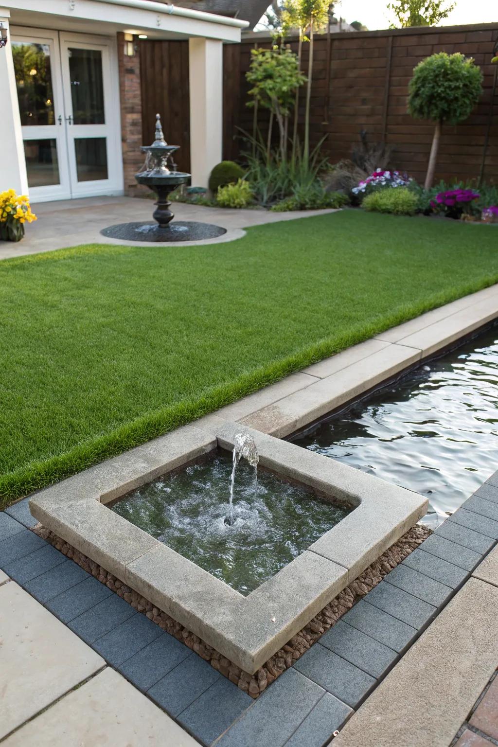 A serene front yard with artificial grass and a soothing water feature.