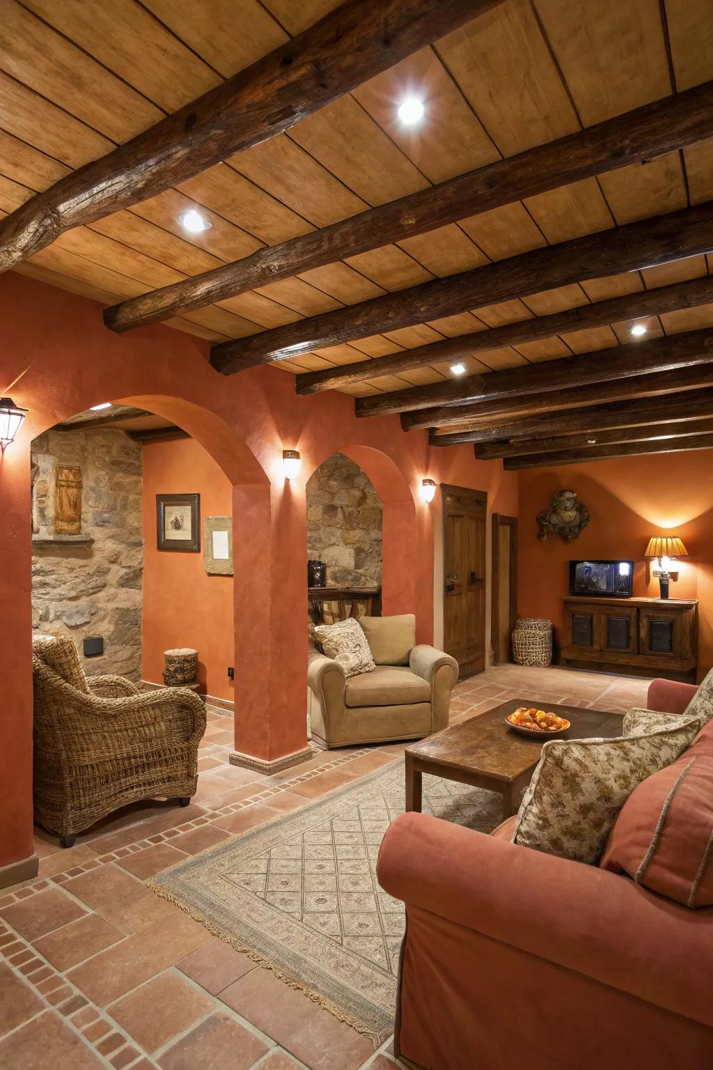 Earthenware tones incorporate warmth and a hint of nature to your basement.