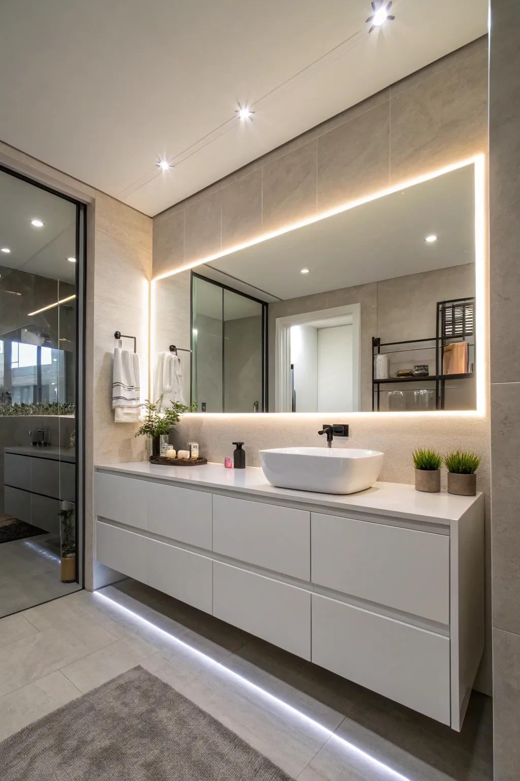 Subtle light-emitting diode lighting enhances the contemporary design of restroom storage.