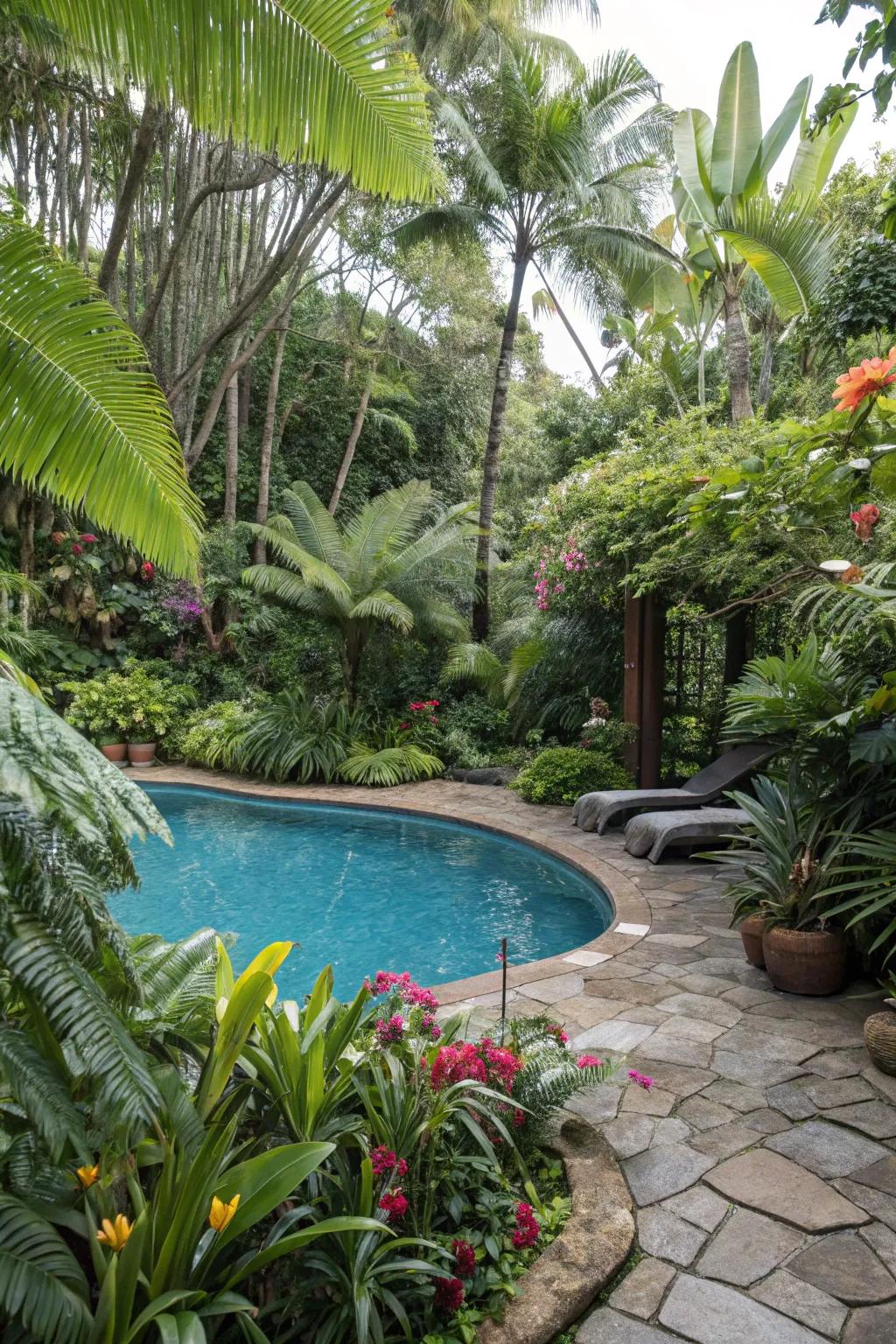 Tropical flora that infuses a vacation feel into your backyard pool.