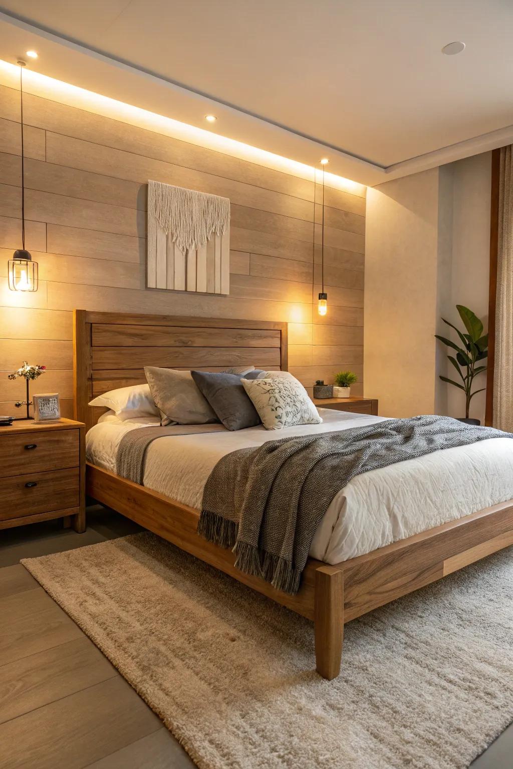 Timber elements deliver warmth and organic beauty to your bedroom.