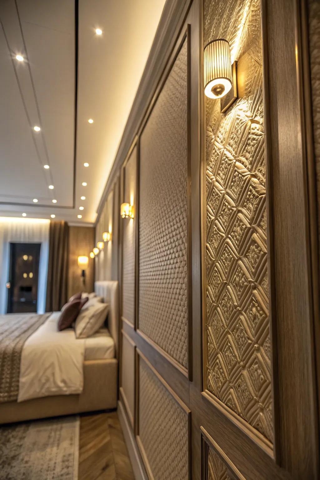 Built-in lighting within paneling adds a cozy, inviting glow.