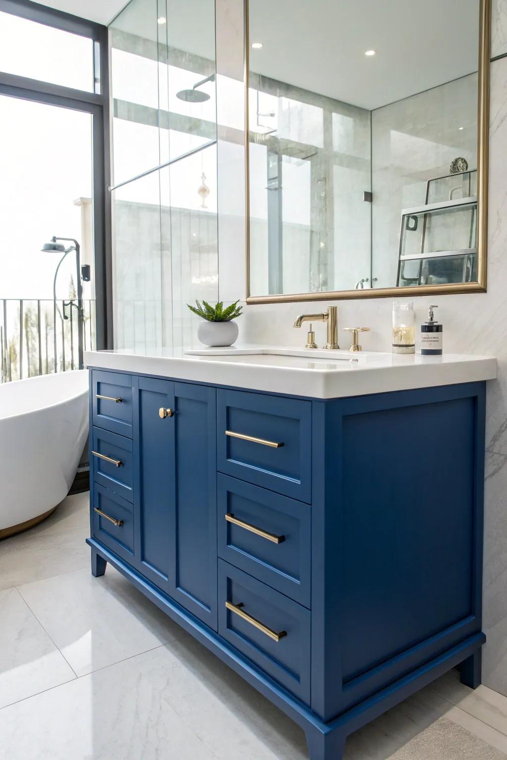 A cobalt azure dressing table distinguishes itself as a striking centerpiece in this elegant bathroom.