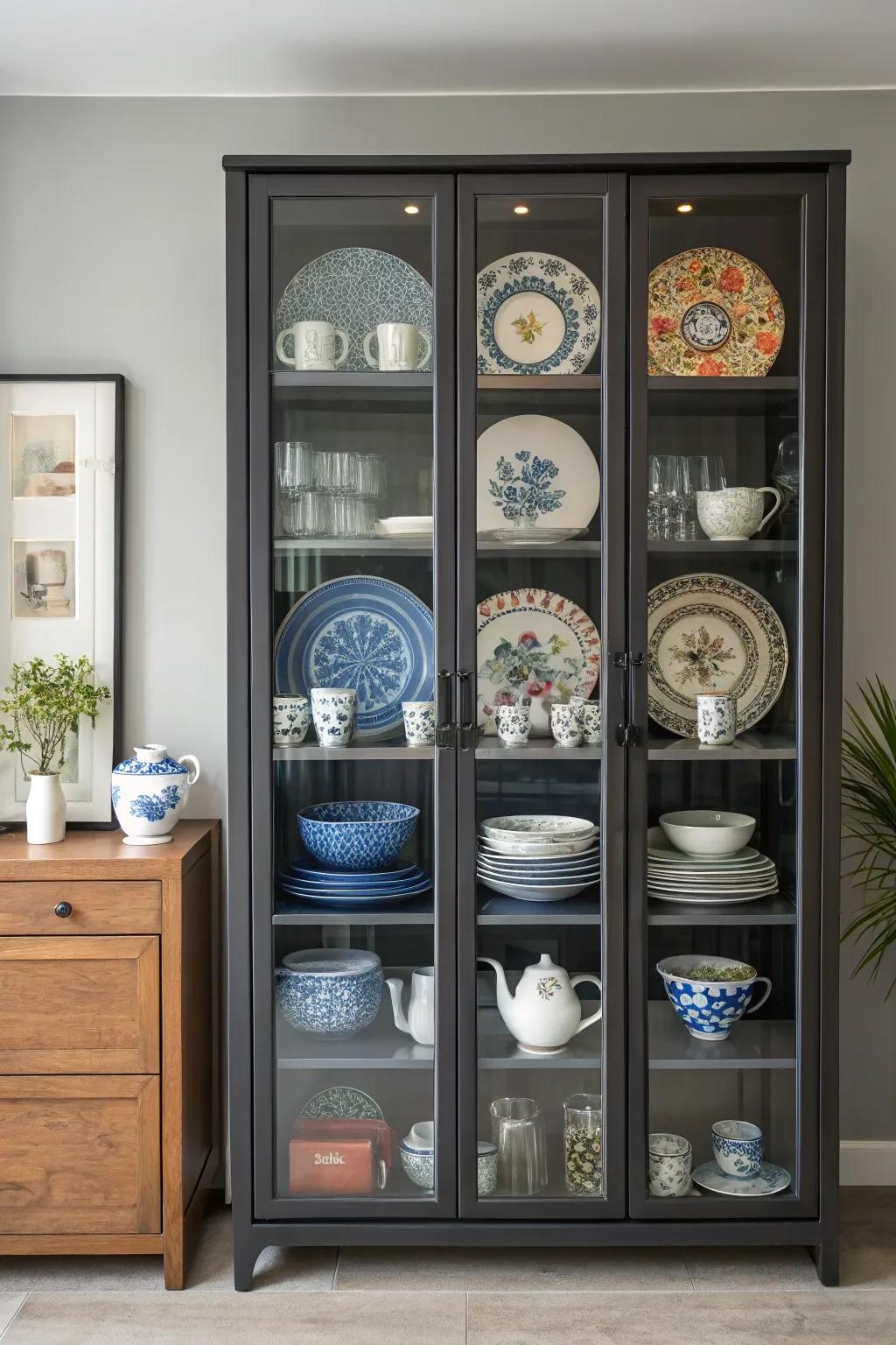 A harmonious blend of old and new in a china cabinet.