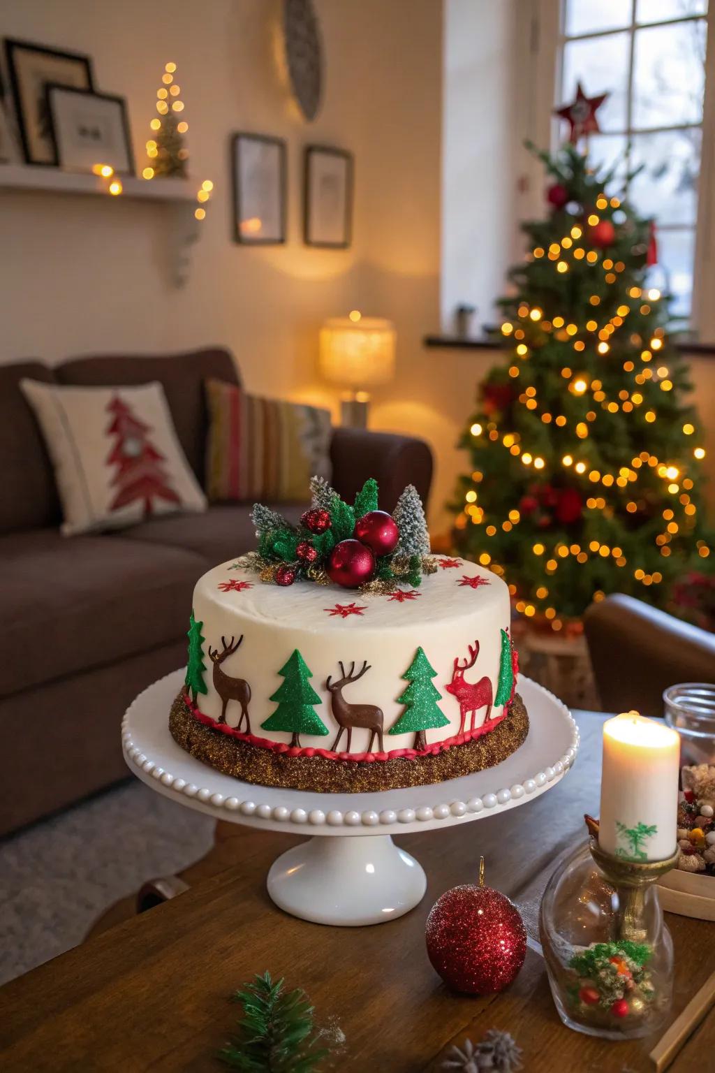 A yuletide cake featuring jolly reindeer and pines