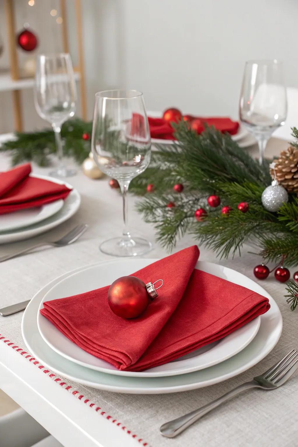 A contemporary Christmas table adorned with delicate crimson hints.
