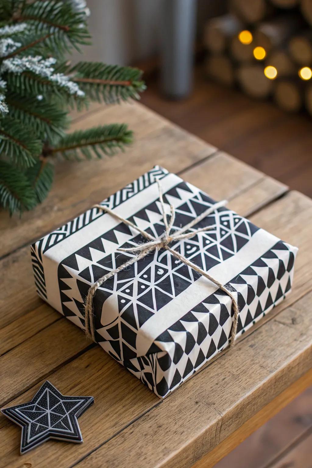 A contemporary gift wrapped in geometrically patterned paper, creating a stylish holiday presentation.