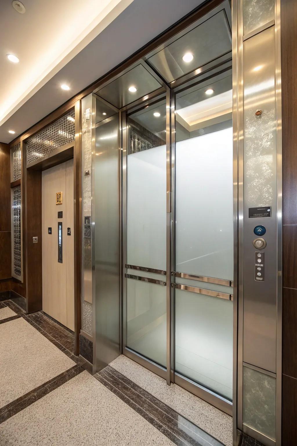 A modern lift interior enhanced with etched glass overlays for a spacious and posh vibe.