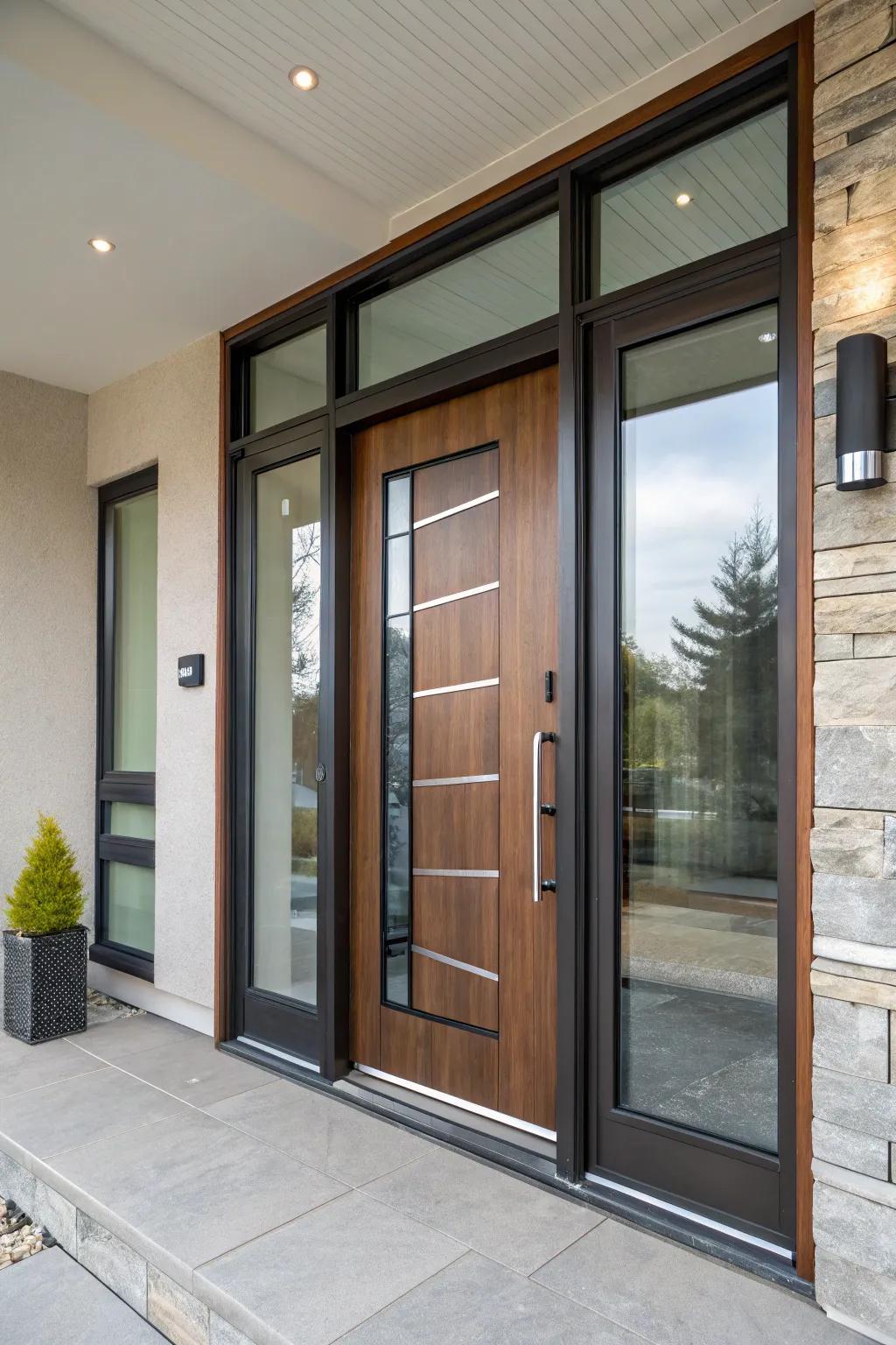 A striking door featuring translucent panels establishes an appealing point of focus.