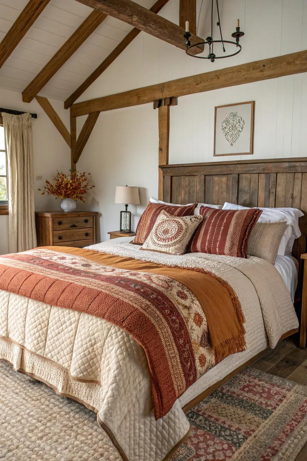 Layered bedding featuring textured throws provides coziness and warmth.