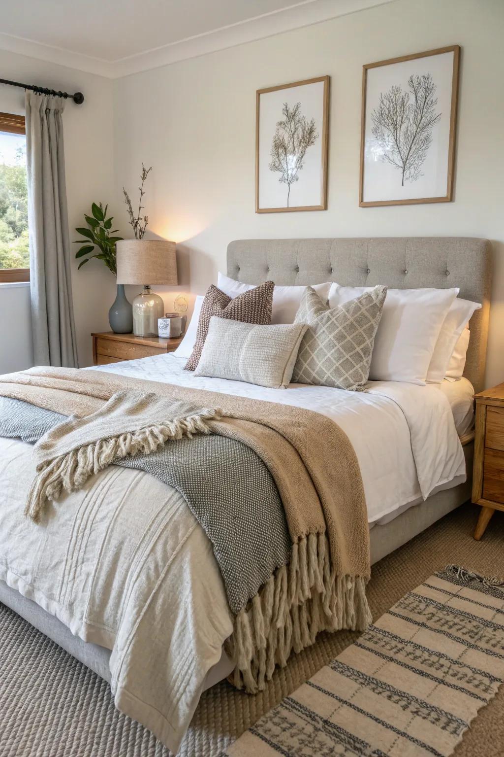 Sumptuous fabrics introduce warmth and comfort to this modern farmhouse guest bedroom.