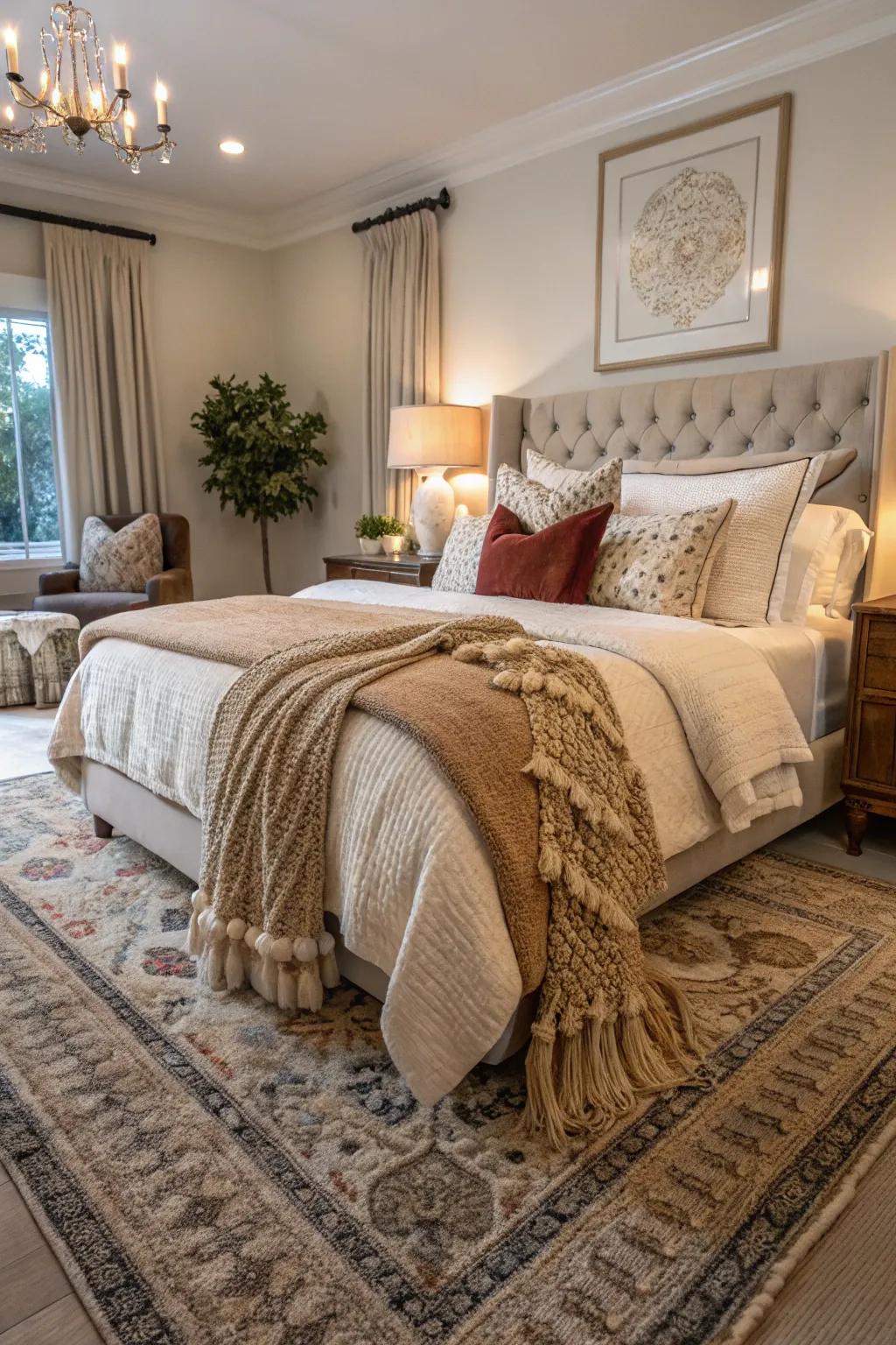 Varied textures fashion a snug and inviting atmosphere in a farmhouse bedroom.