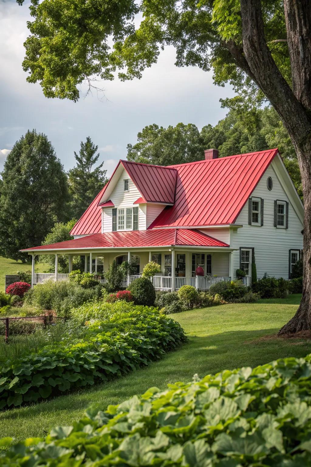 Eye-catching charm: A bold vermillion roof makes a farmhouse unforgettable.