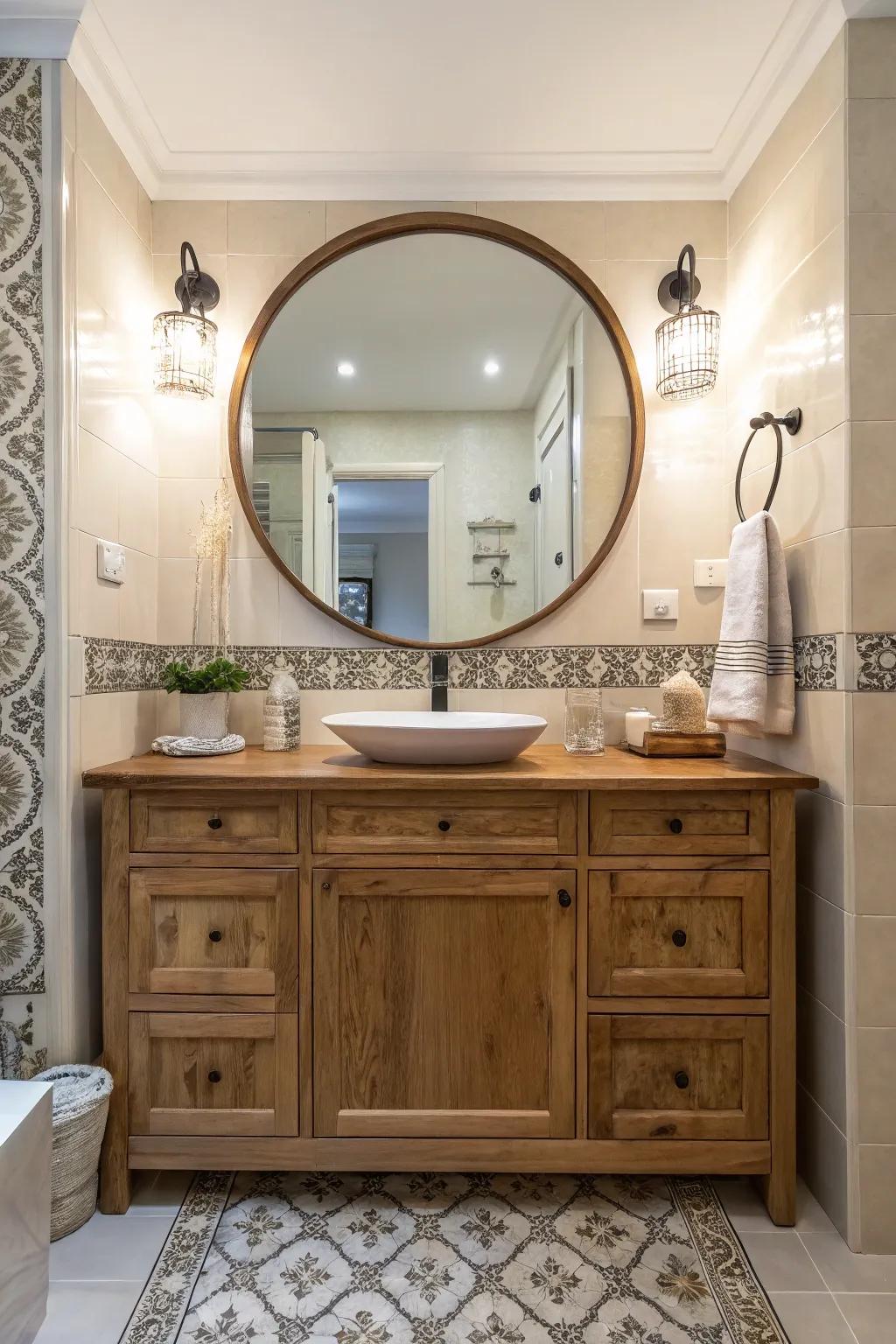 A large round mirror above a wooden vanity in a powder room.