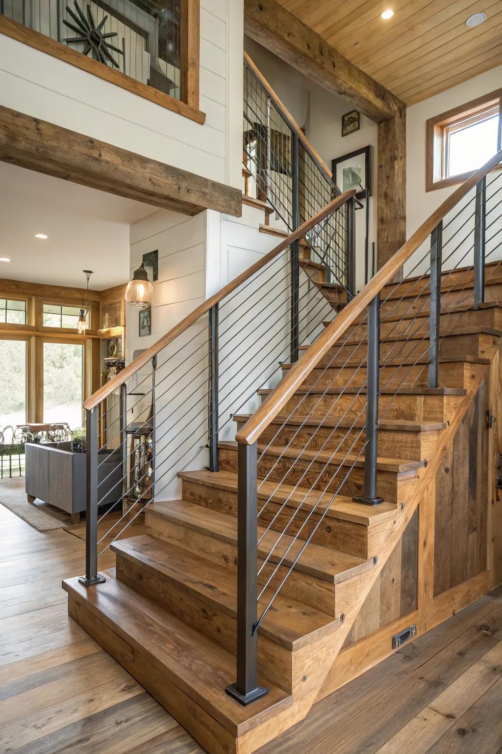 A stylish staircase showcasing a combination of timber and metal for a modern farmhouse design.