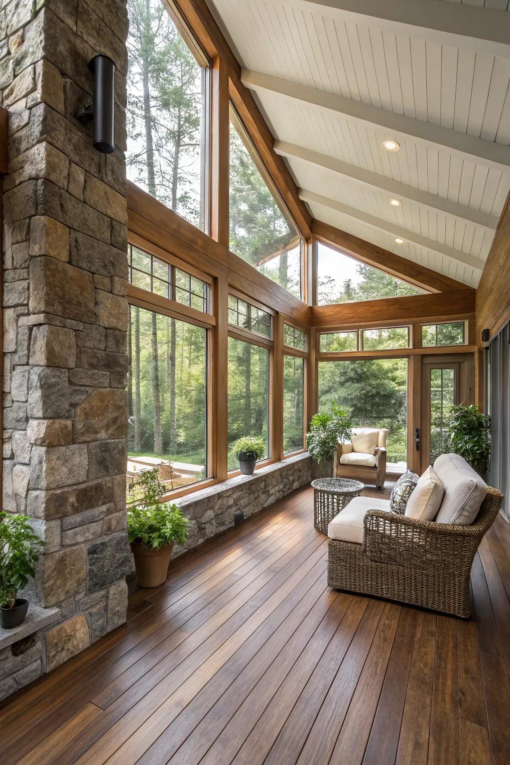 Organic timber and stone impart an earthy charm to a contemporary sunroom.