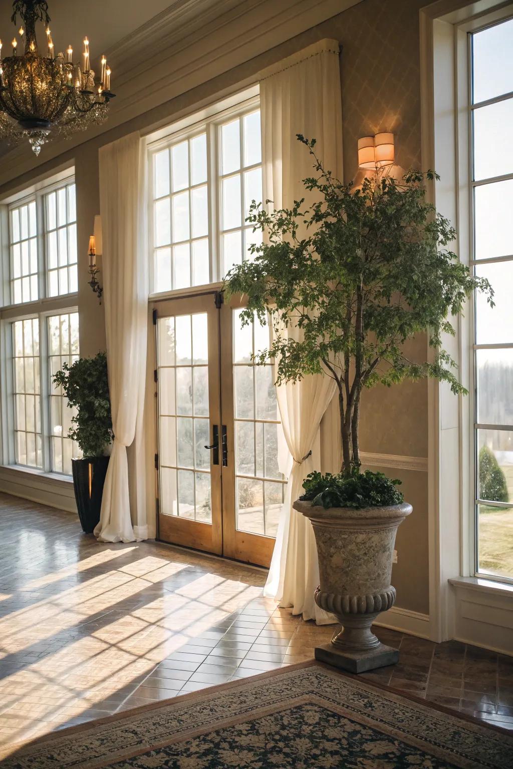 Sunlight cascades through expansive panels, illuminating this modern entryway.