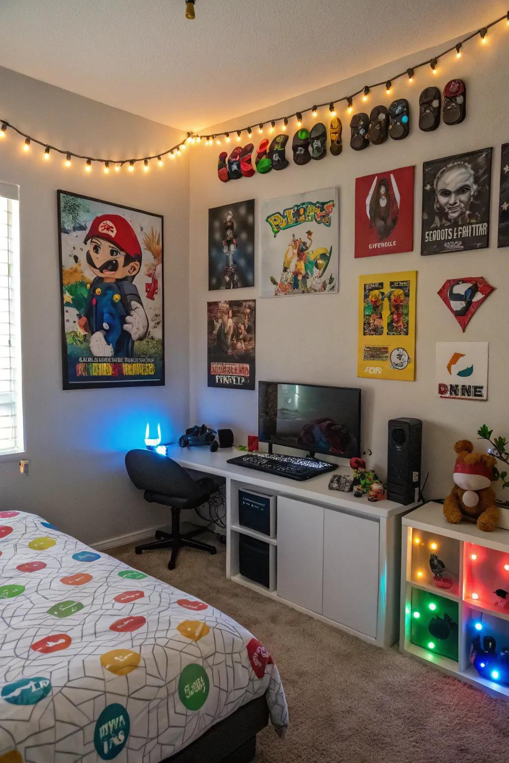 A bedroom decorated with gaming-inspired decorations and paintings.