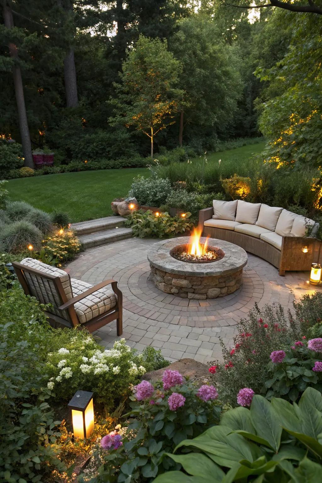 A warming center acts as an inviting and snug focal element in a modern garden.
