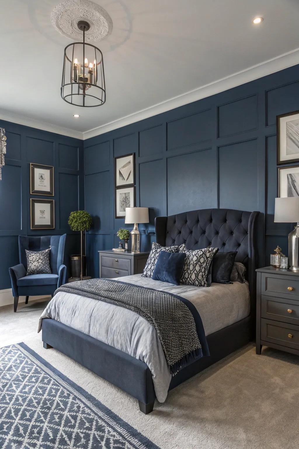 Dramatize your bedroom with a deep sea blue and slate grey scheme.